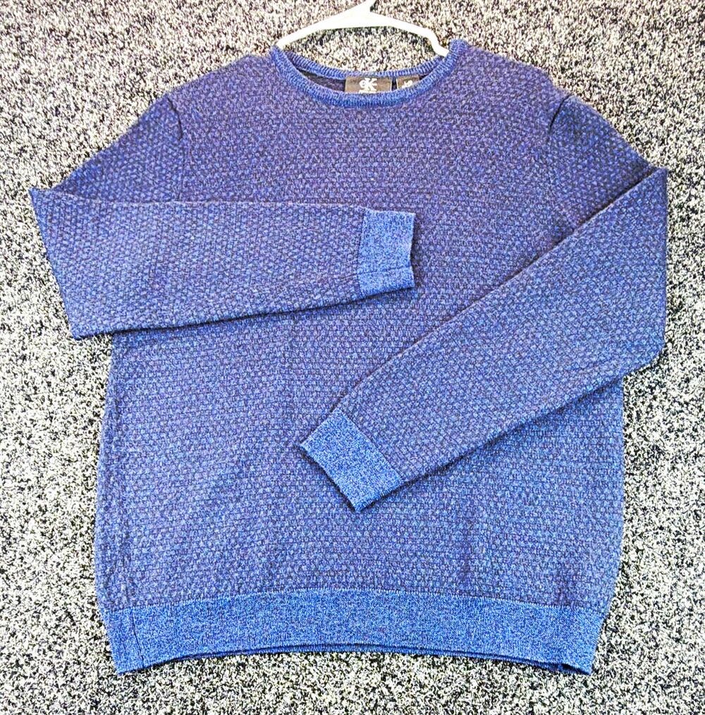 Calvin Klein Mens L Blue Crew Neck Knit Pullover Sweater Merino Wool Acrylic